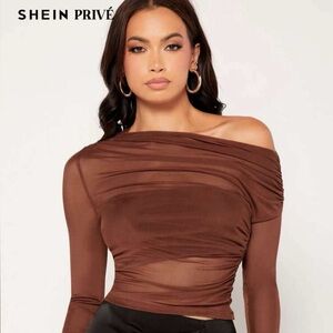 Shein Brown Off-Shoulder Ruched Crop Top